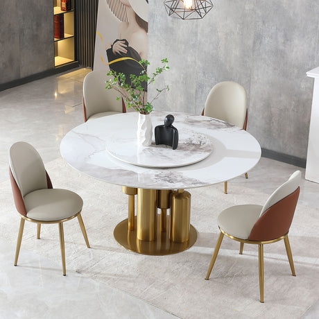 Round Sintered Stone Table, Modern Marble Dining Table (Table Only) - Gold / White
