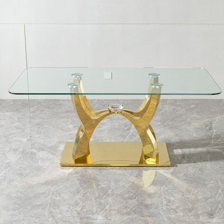 Tempered Clear Glass Rectangular Dining Table With Stainless Steel Base - Gold