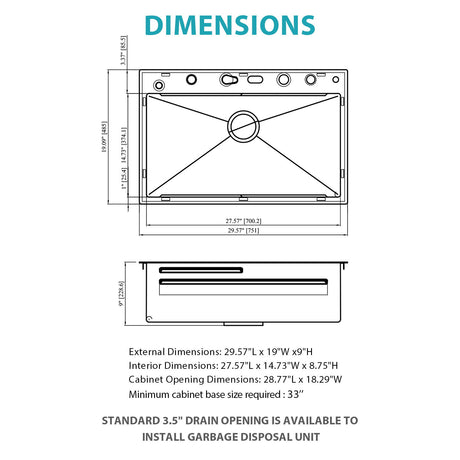 30" Single Bowl Kitchen Sink With Smart LED Faucet