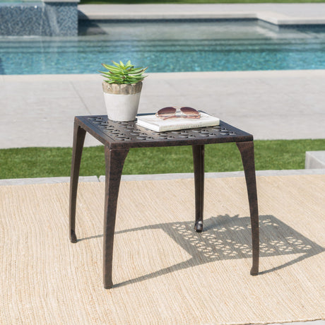Lunaire - Outdoor Square Cast Aluminum Side Table With Lattice Top And Curved Legs - Bronze