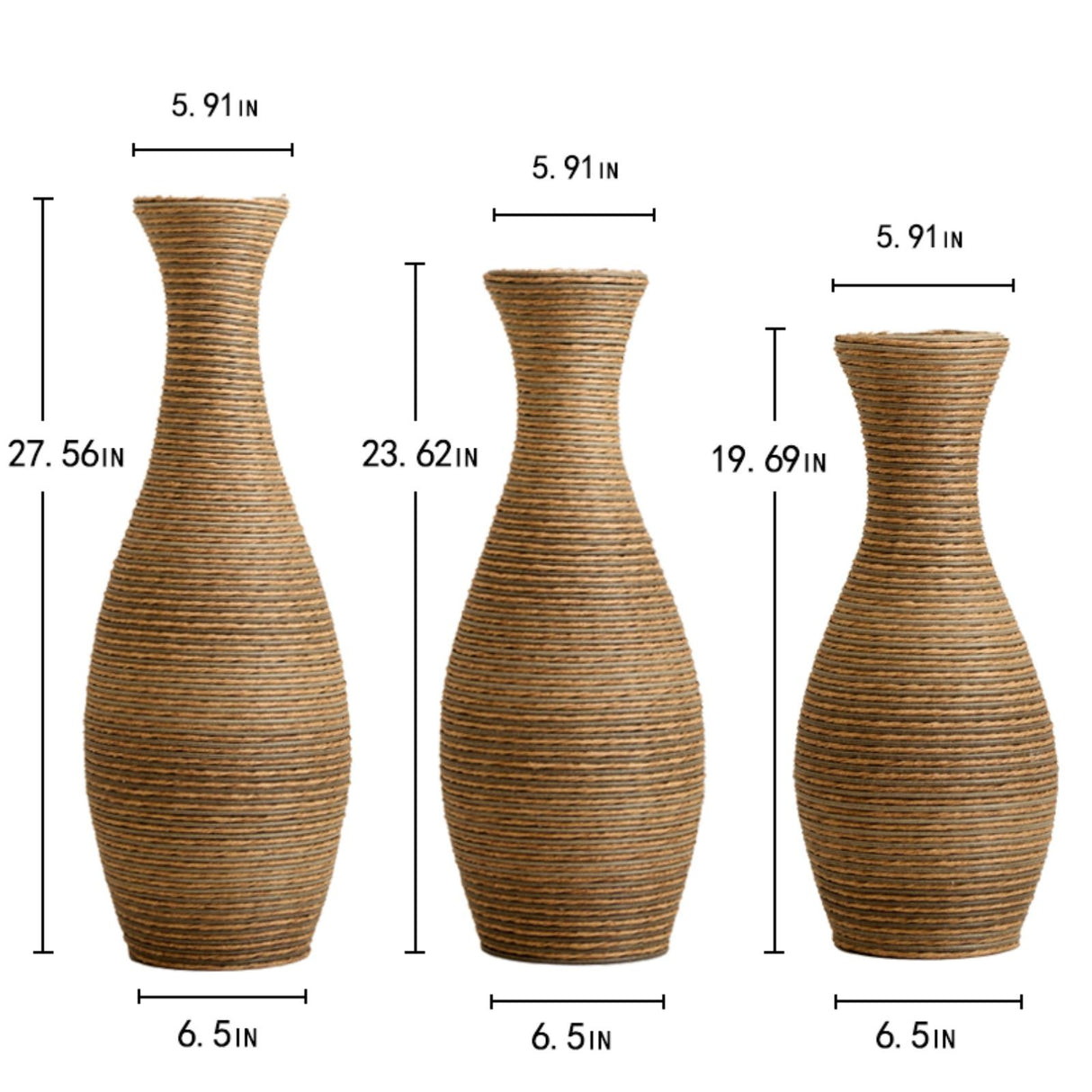 3 Piece Artificial Rattan Floor Vase Set Decorative Accent For Living Room, Hallway & Entryway, Ideal For Dried Or Silk Flower Arrangements - Beige