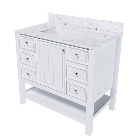 37" Bathroom Vanity, Multi Functional Cabinet With Doors And Drawers, Frame, Single Faucet Hole - White