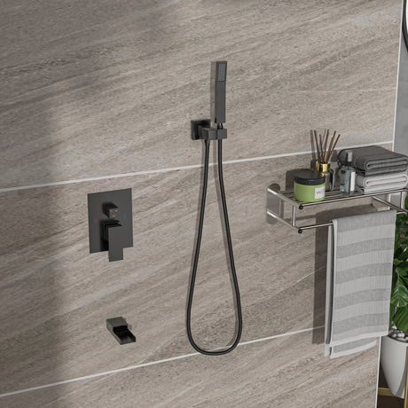 Wall Mounted Square Shower System With Rainfall Tub Spout And Handheld Shower, 10" - Matte Black