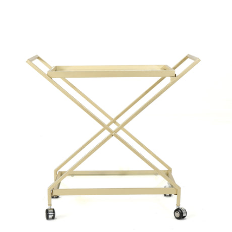 Sherianne - Industrial Bar Cart With Tempered Glass Shelves And Swivel Wheels - Gold