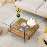 Modern 2 Tier Square Coffee Table, Elegant Marble Pattern