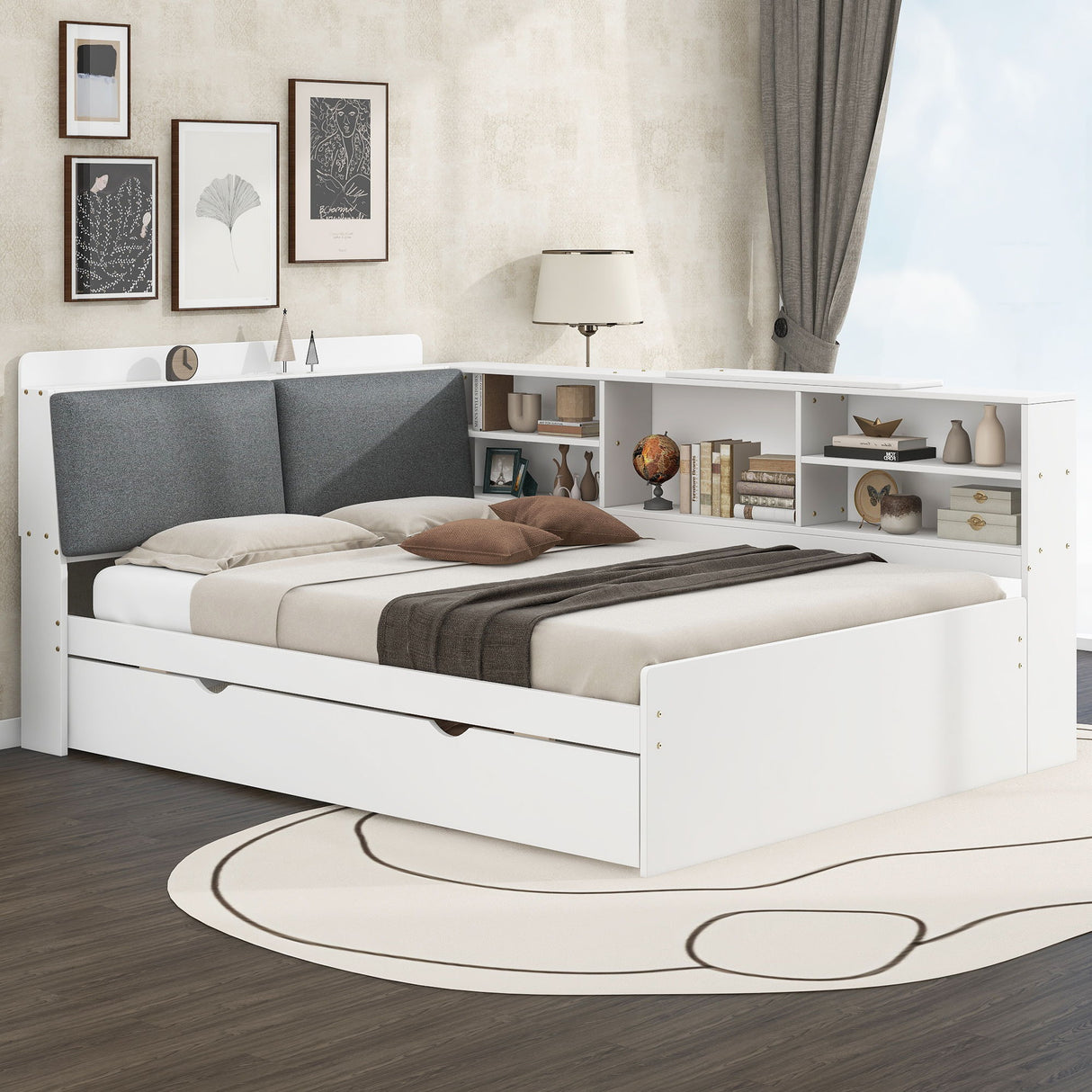 Platform Bed With Trundle, Shelves, And Storage Headboard