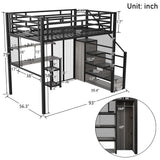 Metal Loft Bed With Wardrobe, Desk, Storage Shelves