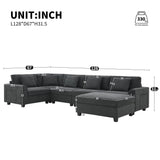 U Shaped Sectional Sofa 6 Seat Couch Set With Oversized Ottoman, Hidden Armrest Storage And Cup Holders USB Charging Ports Wide Seat Sofa