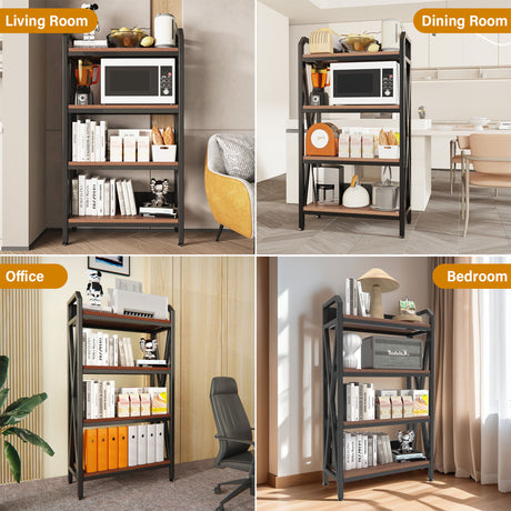 Bakers Rack Storage Shelves 4 Level Mental And Wooden Kitchen Shelves, Kitchen Organizers And Storage, For Garage, Pantry, Bathroom, Closet - Black / Black Brown