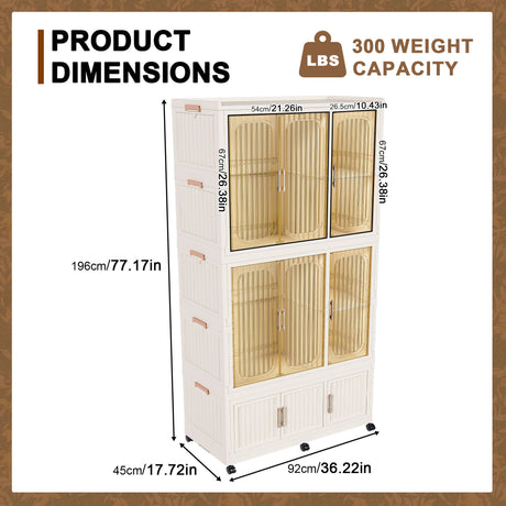 Portable Wardrobe Closet Storage Organizer For Clothes, 9 Magnetic Doors With 9 Cubes & 2 Hanging Rods, 6 Hangers - Cream White
