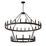 2 Tiers Wagon Wheel Chandelier Wooden Farmhouse 36 Light (24 / 12) Or (12 / 24) Metal Chandeliers 2 Story Light Fixtures Industrial For High Ceiling Living Dining Room Foyer, Adjustable Height - Black