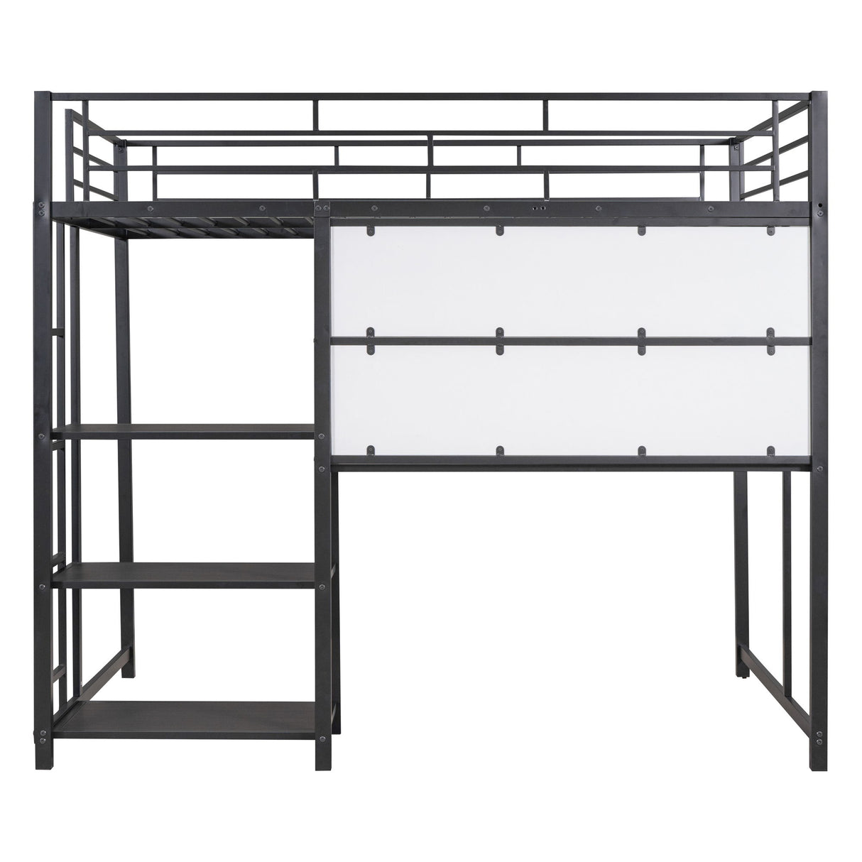 Metal Loft Bed With Desk, 3 Shelves And Ladder