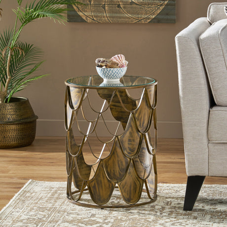 Boho Glam Pino Side Table With Fish Scale Design Tempered Glass Top - Brown