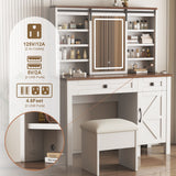 Rustic Farmhouse Makeup Vanity Desk With Sliding Mirror, LED Lights, And Charging Socket - White