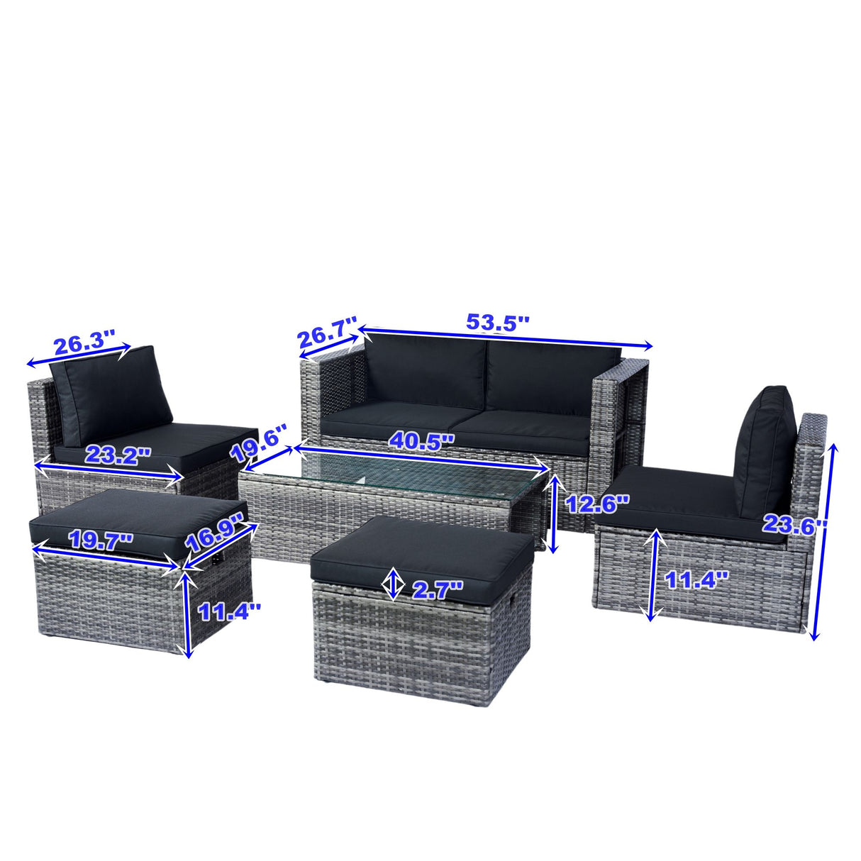 6 Piece Patio Wicker Sectional Set Patio Backyard Conversation Set Space Saving - Gray / Black