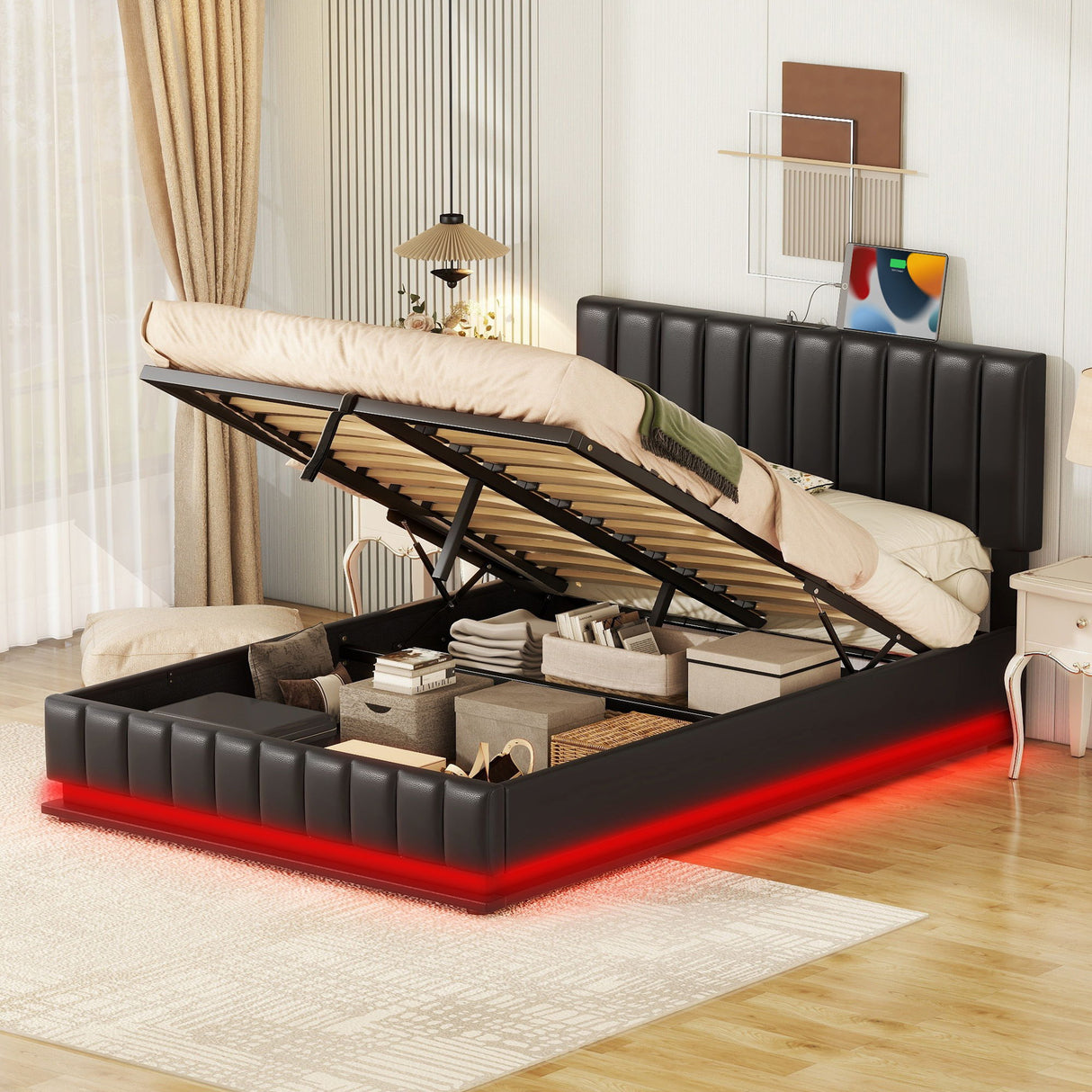 Upholstered Bed With Hydraulic Storage System And LED Light, With Sockets And USB Ports