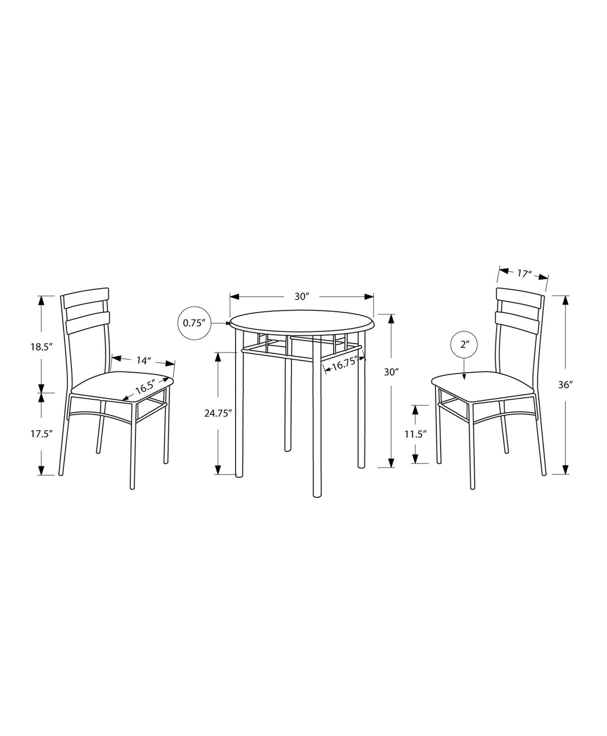 Dining Table Set Small Round 3 Pieces Set - Black