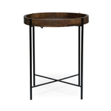 Modern Industrial Round End Table With Tray Top And Foldable Iron Legs - Natural