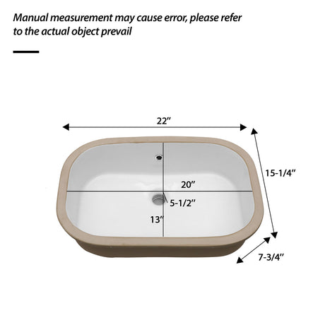 Undermount Bathroom Sink 22" X 15.25" With Overflow Sleek, High Temperature Fired, Stain Resistant, Smooth Polished Surface - White