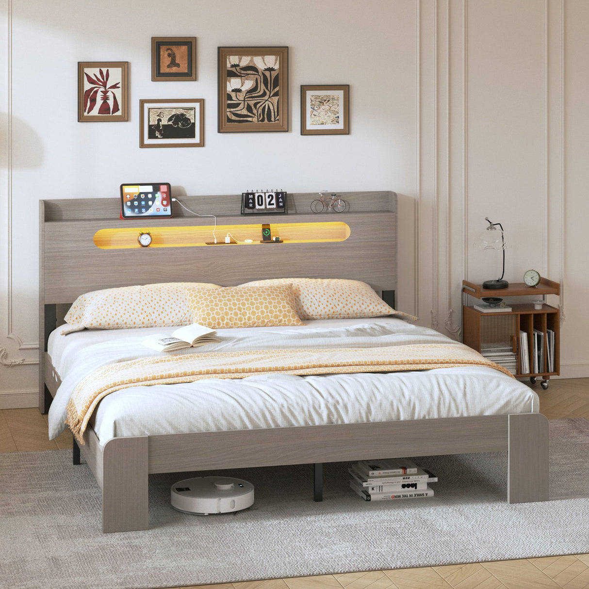 King Size Platform Bed Frame With Storage LED Light Headboard And Usb, Noise Free - Dark Gray