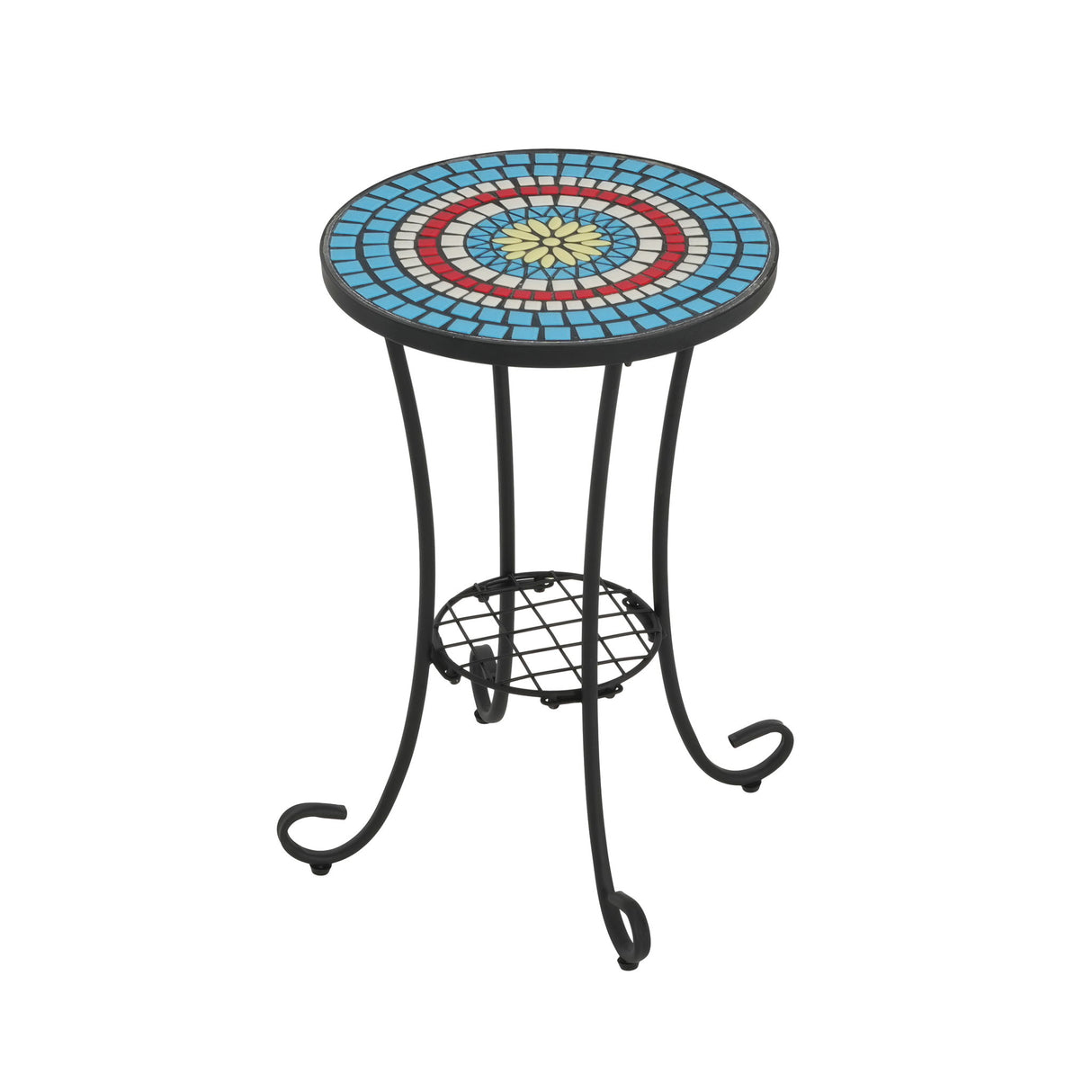 Ceramic Tile And Iron Patio Side Table With Shelf
