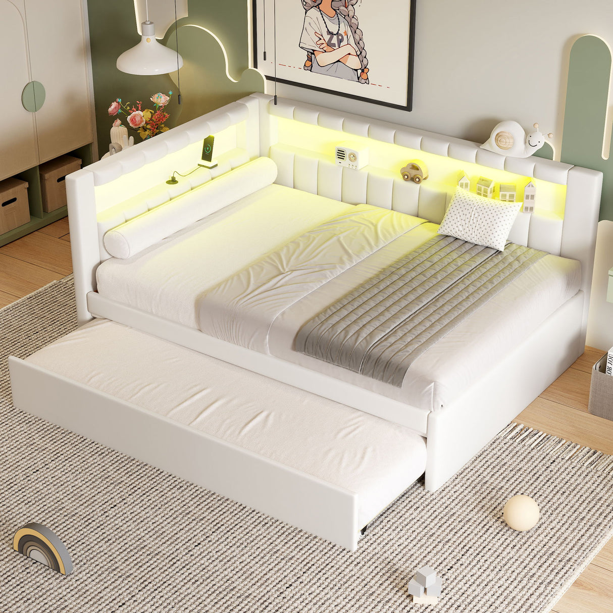 Upholstered Platform Bed With USB Ports And LED Belt