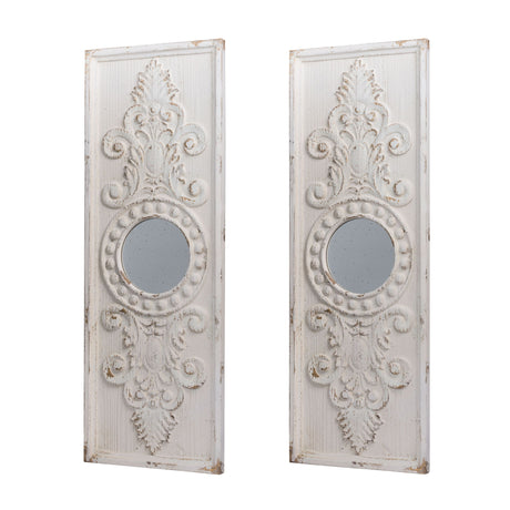 Large Wooden Wall Art Panels With Distressed Round Mirror Accents (Set of 2) - White