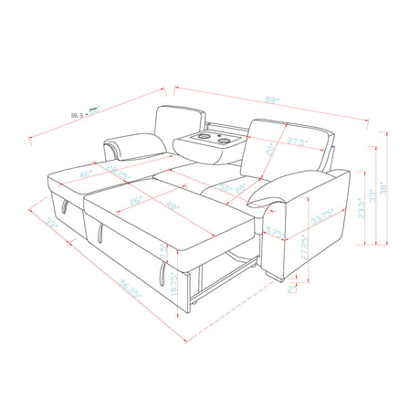 Rebecca - Sofa With Pull Out Bed, Storage Chaise, USB And Cup Holders - Dark Gray