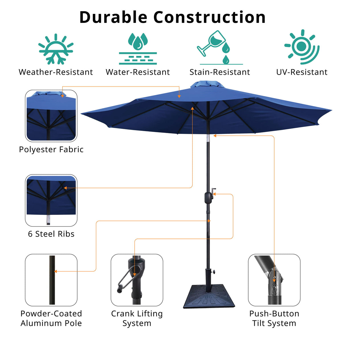 8.8' Outdoor Aluminum Patio Umbrella With 42 Pound Square Resin Umbrella Base