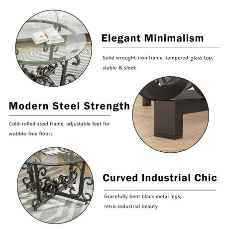 3 Piece Coffee Table Set With Tempered Glass Surface - Black