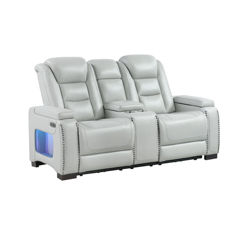 Power Console Loveseat With Power Headrest USB LED And Bookshelf Arms - Gray