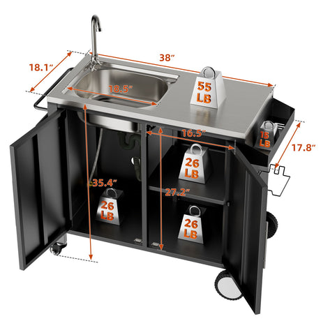 Outdoor Grill Cart With 304 Stainless Steel Sink And Cabinet - Black / Silver