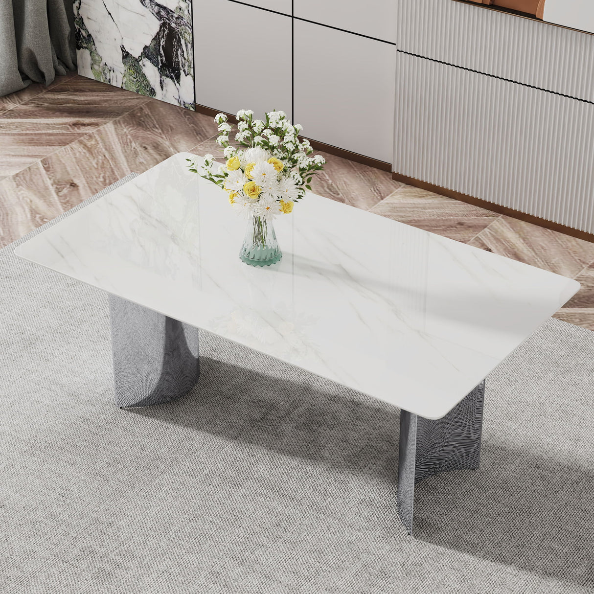 Modern Minimalist Dining Table With Imitation Marble Glass Desktop And Metal Legs