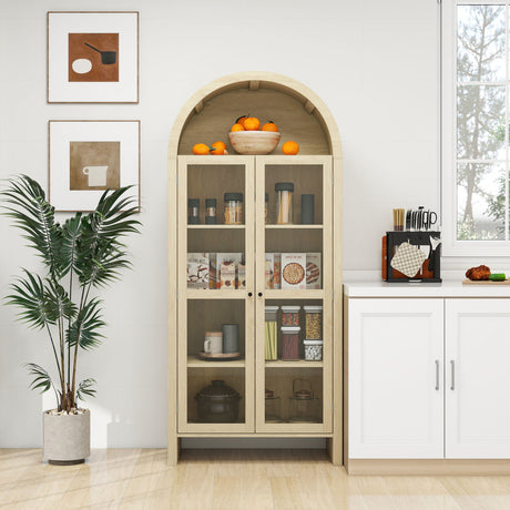 Tall Arched Kitchen Pantry, Modern Farmhouse Wood Kitchen Storage Cabinets, Arched Storage Display Cabinet With Adjustable Shelves, Versatile Cupboard For Kitchen, Dining Room - Natural