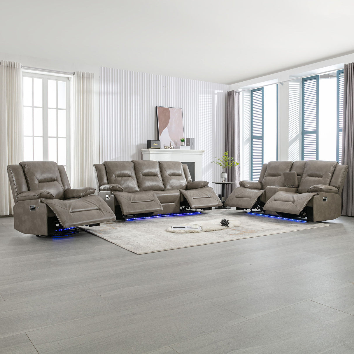 Home Theater Recliner Set Manual Recliner Chair With A LED Light Strip Two Built-In Cup Holders For Living Room