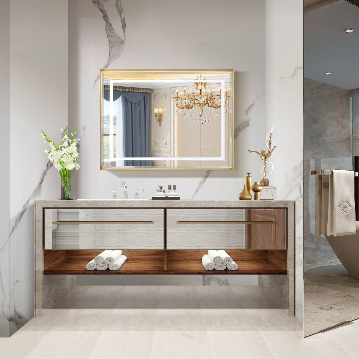 LED Bathroom Beveled Mirror, 3000 - 6000K Gradient Front And Backlit LED Mirror For Bathroom, 3 Colors Dimmable, Ip54 Enhanced Anti Fog