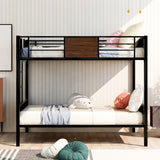 Full Over Full Bunk Bed Modern Style Steel Frame Bunk Bed With Safety Rail, Built-In Ladder For Bedroom - Brown
