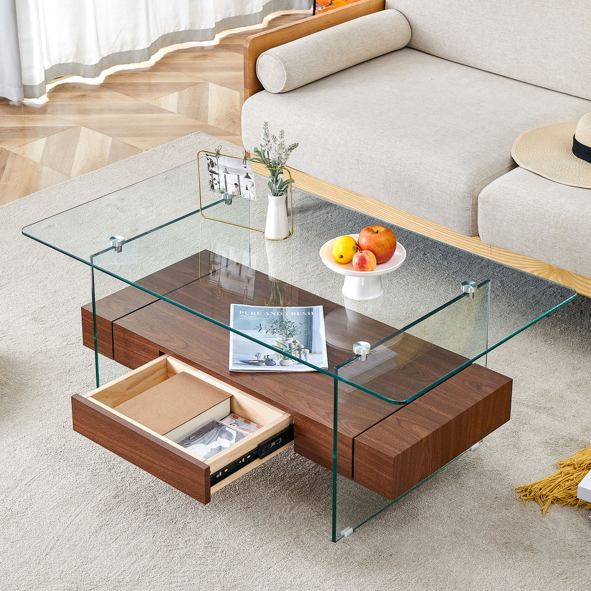 Modern 2 Tier Square Coffee Table, Elegant Marble Pattern