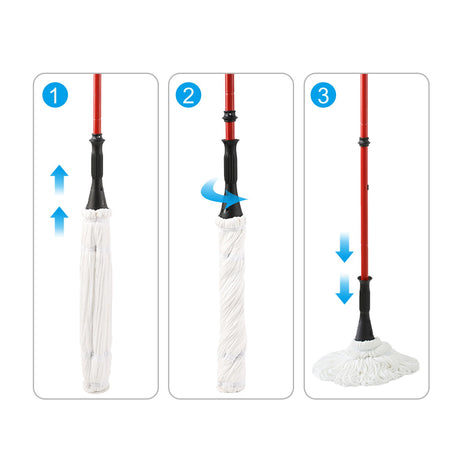 Ultra Fine Fiber Twist Mop With 57.5 Inch Long Handle For Dry And Wet Floor Cleaning - Red