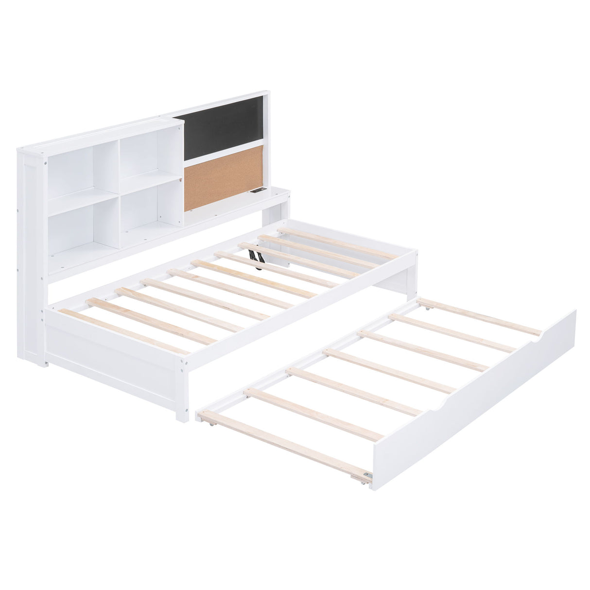 Twin Size Daybed With Storage Shelvesboard, Cork Board, USB Ports And Trundle - White