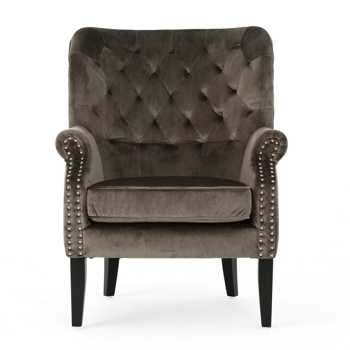 Elegant Velvet Club Chair With Handcrafted Details - Gray