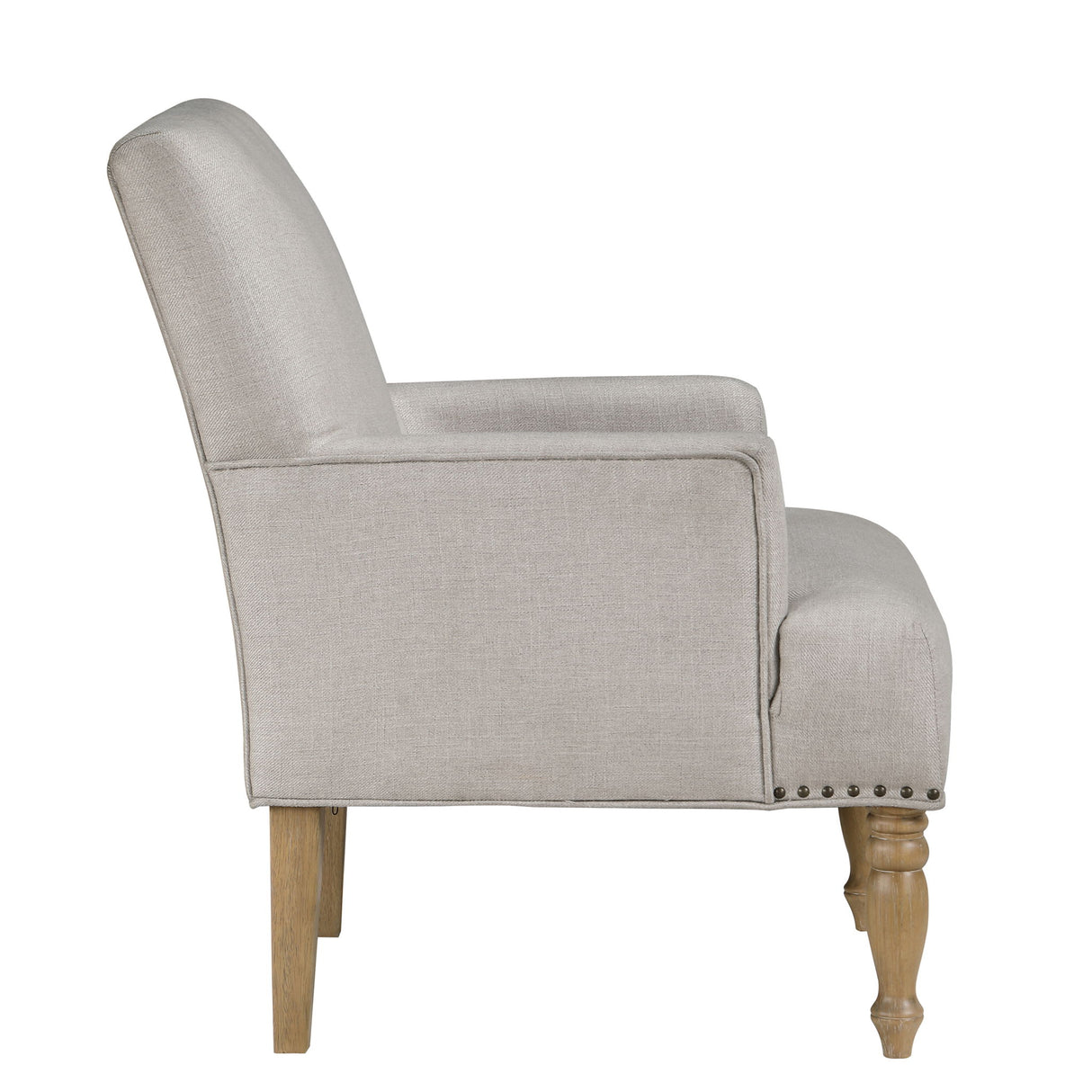 Alice - Upholstered Arm Chair With Pecan Legs And Antique Brass Nailheads - Beige