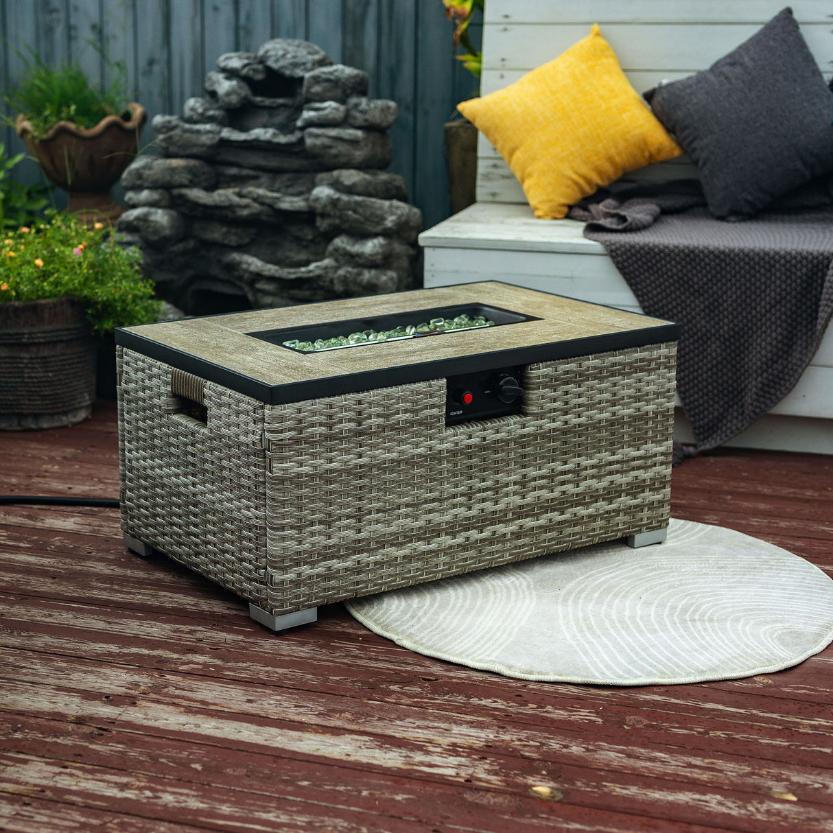 32" Propane Gas Fire Pit Table With Propane Tank Cover, 50000 Btu Rectangular Steel Fire Pit With Beautiful Wicker Base
