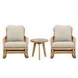 Modern 3 Piece Outdoor Seating Set With Cushioned Rattan Rocking Chairs And Wooden Accent Table