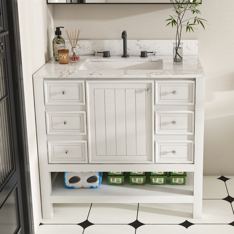37" Bathroom Vanity With Artificial Marble Carrara Top, Multi Functional Cabinet With Doors And Drawer - White