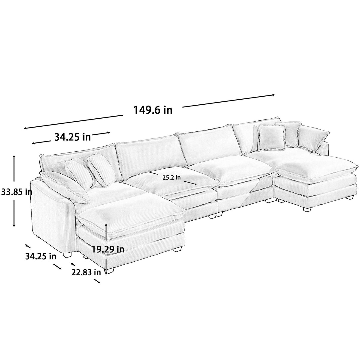 Modern Oversized Modular Cushion Sofa With Ottoman, Low Back, Deep Seating Sofa Set