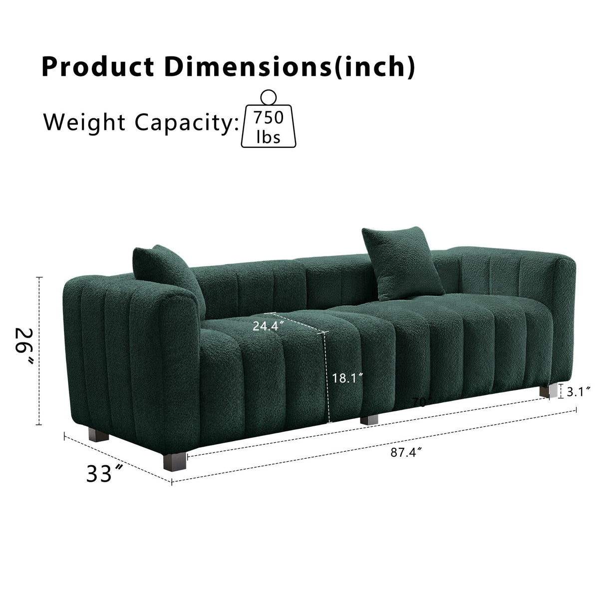 Modern 3 Seater Sofa With 2 Pillows