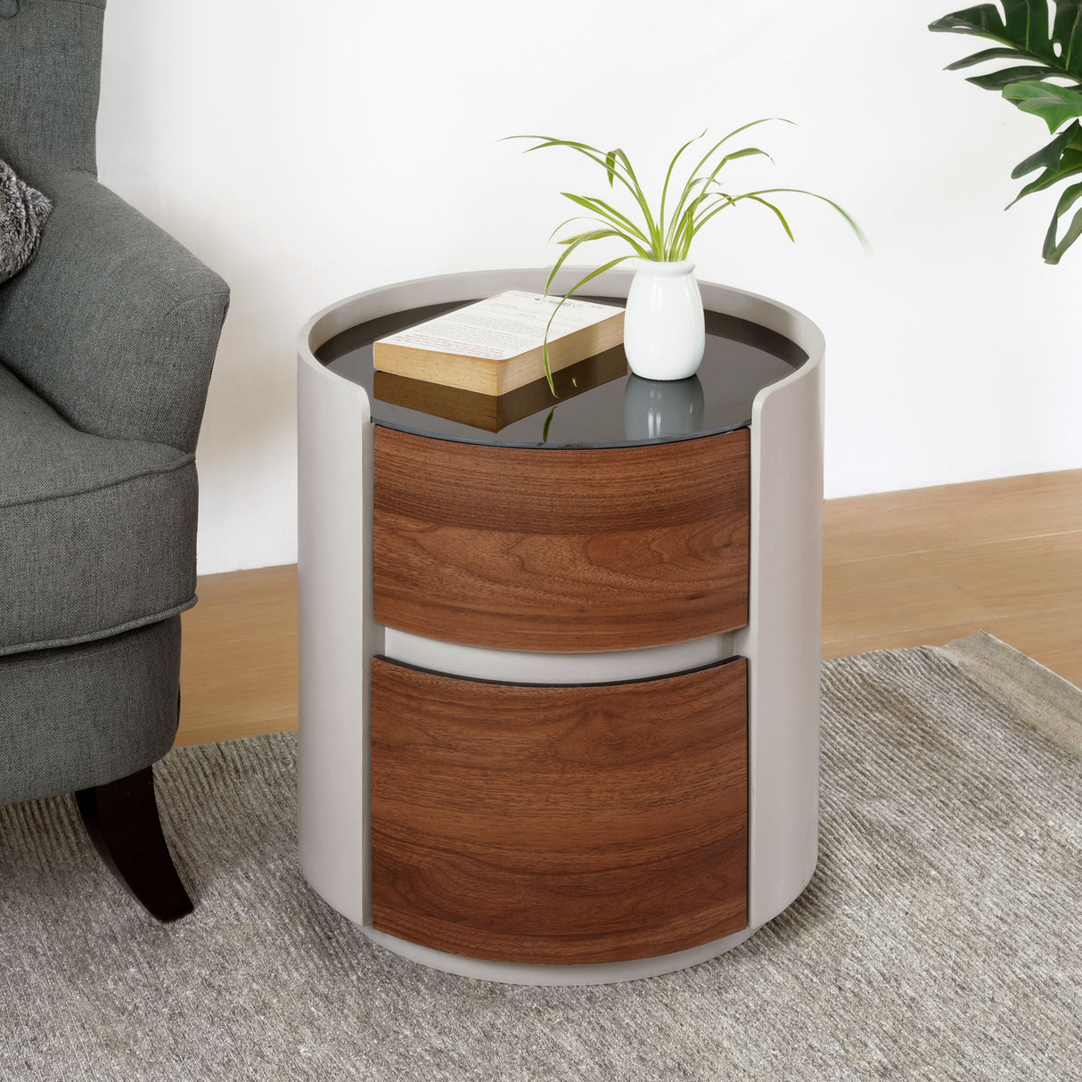 Italian Retro Double Storage Round Side Table - Gray Brown