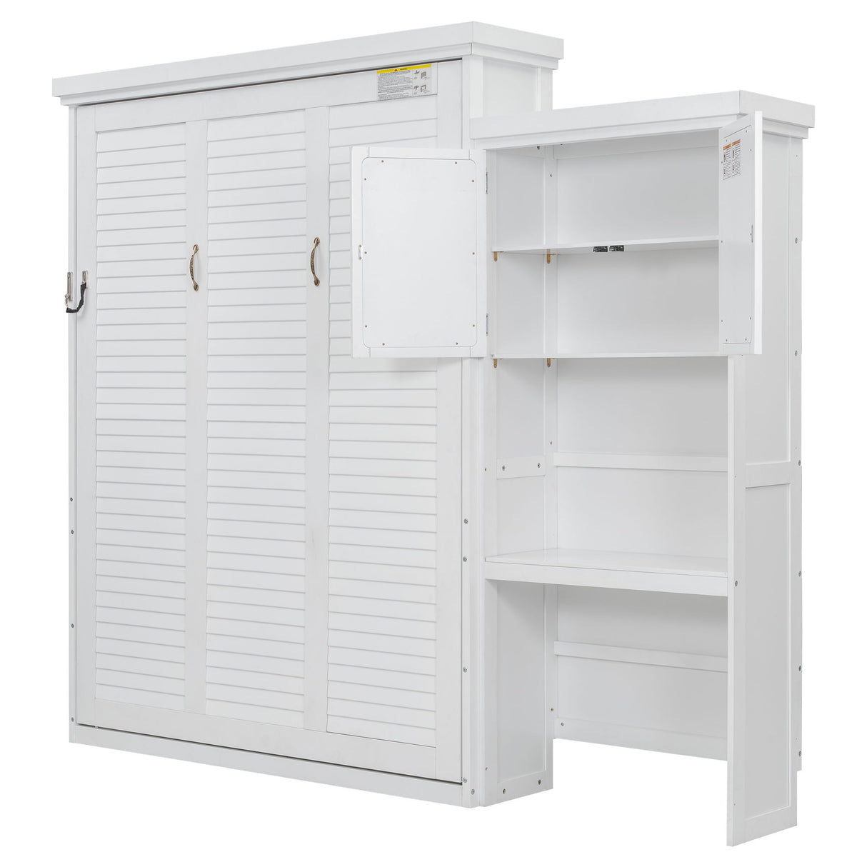 Queen Size Murphy Bed With Louvered Design And Multiple Storage Shelves - White