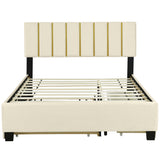 Upholstered Platform Bed With 2 Drawers And 1 Trundle, Classic Strip Headboard Design